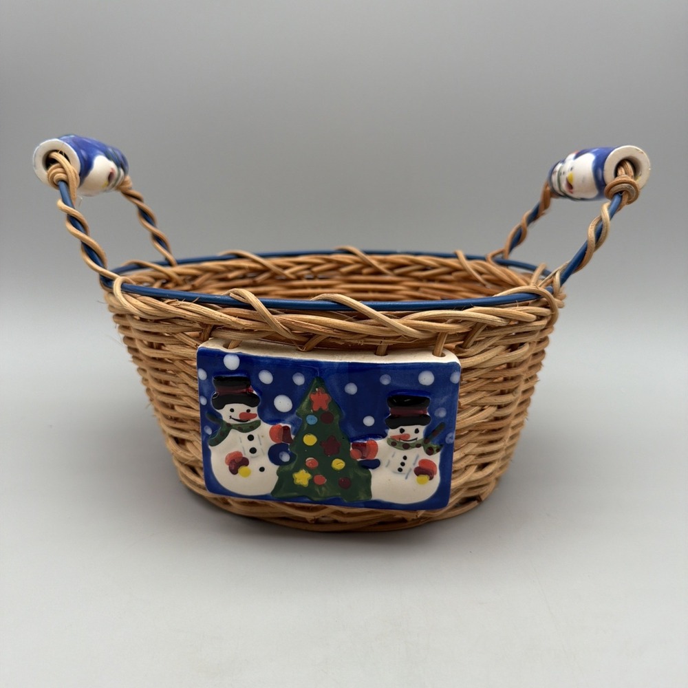 Snowman Christmas Tree Wicker Basket Porcelain Handles Blue Holiday Decor 10"